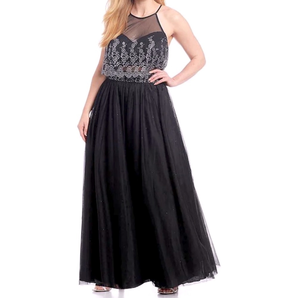 Navy tulle halter top gown